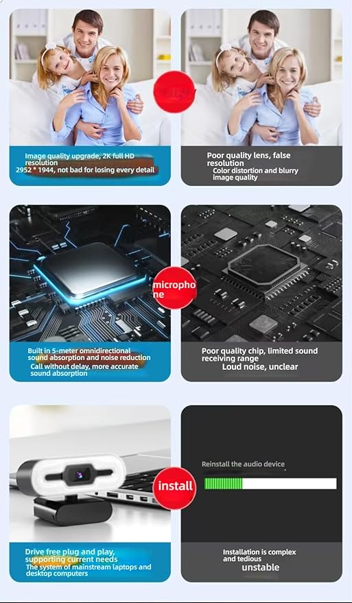 High-Definition Network Camera 1080P 2K USB Computer Camera Touch-up Beauty Lighting Suitable for Online Teaching Live Streaming Remote Meetings and Video Calls (2K)