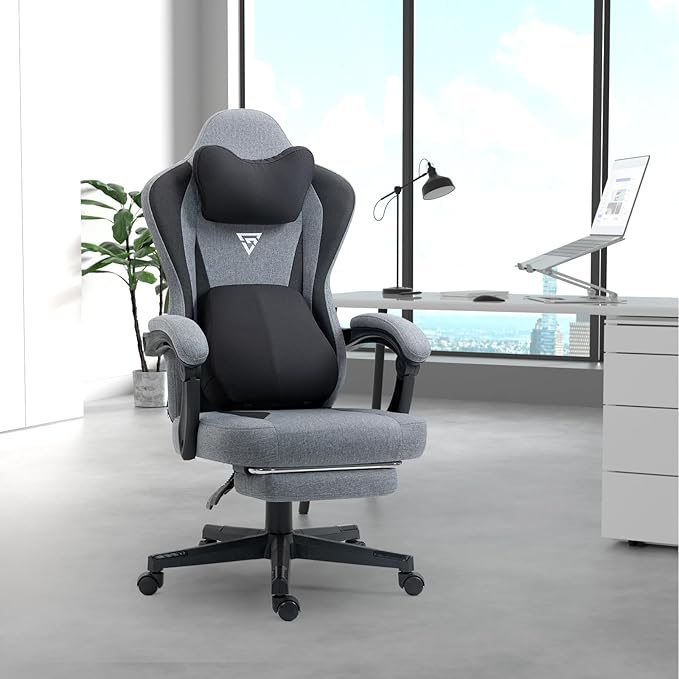 Gaming Chair with Footrest and Heating Massage Ergonomic Video Game Chair 360° Swivel Computer Office Chairs with Adjustable Height &amp Headrest &amp Lumbar Pillow 350 Lbs (Grey)