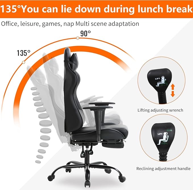 PC Gaming Chair with Footrest Ergonomic Home Office Chair with Lumbar Support &amp Headrest Pillow Height Adjustable Swivel Recliner Racing Computer Video Game Chairs Black