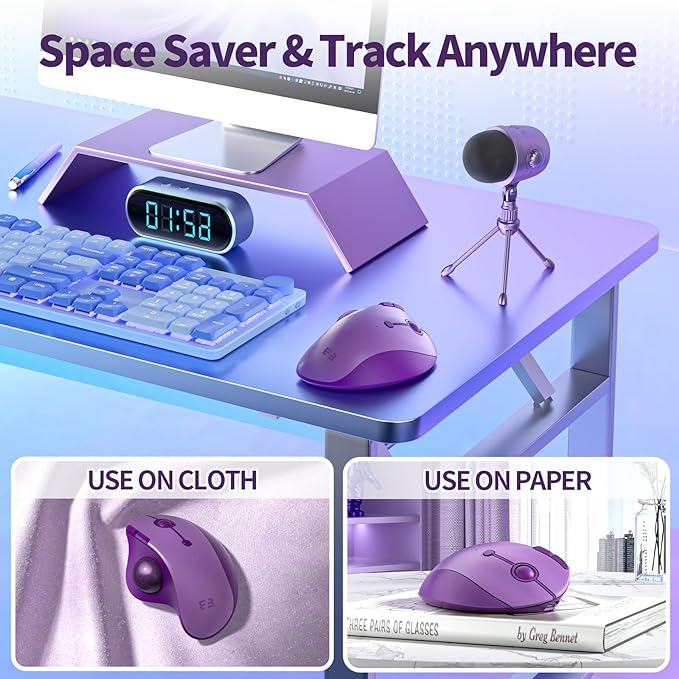 seenda Wireless Trackball Mouse Bluetooth - Ergonomic Rollerball Mouse Rechargeable 3 Device Connection Optical Mice Adjustable DPI Thumb Control Mice Compatible for Mac/Android/Windows - Purple