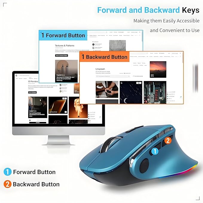 Ergonomic Mouse JigglerBluetooth Vertical Wireless MouseLED Rechargeable Optical Computer Mice Portable(BT5.2 or USB 2.4GHz) Dual Mode1000/1600/2400 DPI8 Buttons for LaptopPCMacbook (Blue)