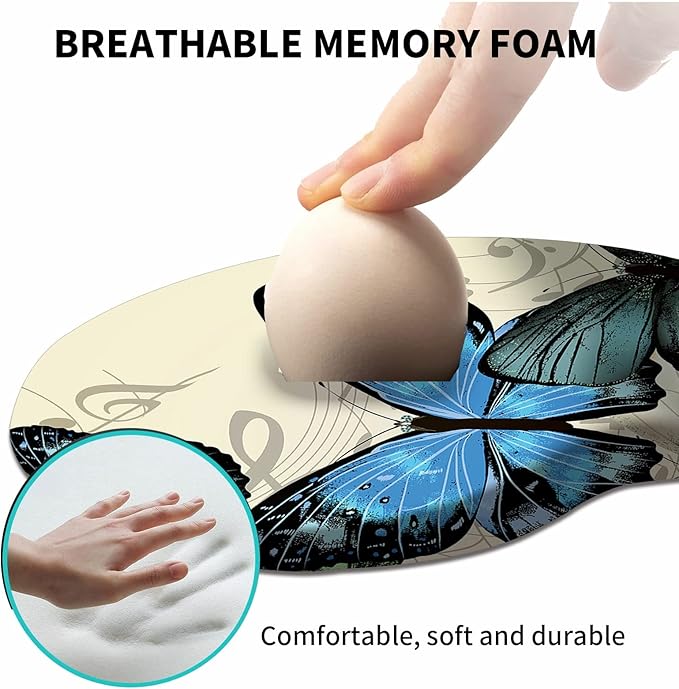 Mouse Pad with Wrist Support Gel Blue Butterfly Pattern Design Ergonomic Gaming Mousepad with Wrist Rest for Laptop Computer Home Office Working Mouse Mat + A Cute Coffee Pad
