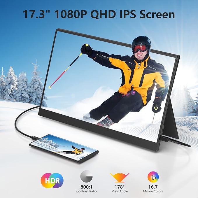 17.3 Portable Monitor 1080P FHD 144Hz Narrow Edge Laptop Monitor USB C HDMI Gaming Computer IPS HDR Screen Travel Monitor for PC Mac Phone Xbox PS5 Switch Laptop w/Smart Cover &amp Speakers