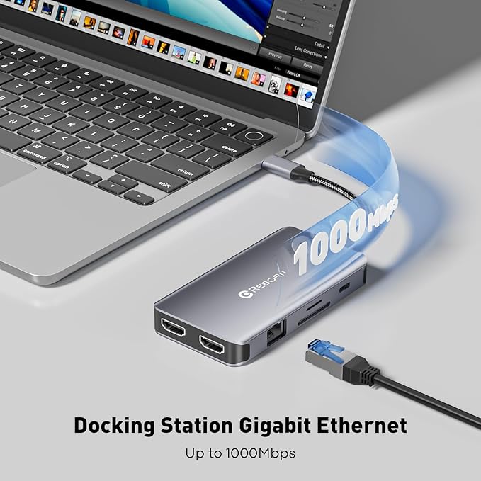 Reborn Laptop Docking Station Dual Monitor 9-in-1 USB C Hub Dual Monitor with 4K 2HDMI Ports 1Gbps Ethernet 5Gbps USB A&ampC 3.0 100W PD SD Card Reader USBC Dock for MacBook/Dell XPS/HP/Surface