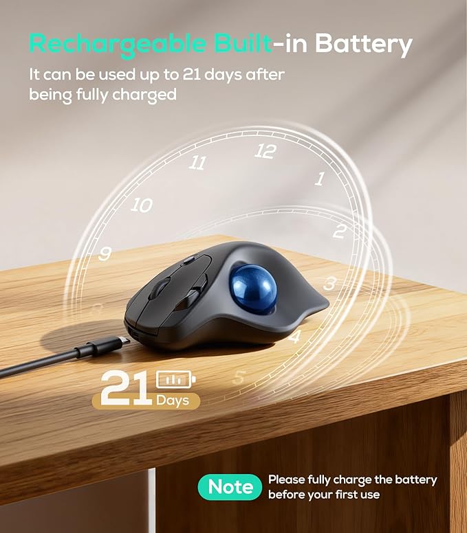 Nulea M511 Wireless Trackball Mouse Rechargeable Ergonomic Thumb-Control Mouse with Tilt Stand Smooth &amp Precision Tracking 3 Device Connection (Bluetooth or USB Receiver) for PC/Mac/Laptop-Blu