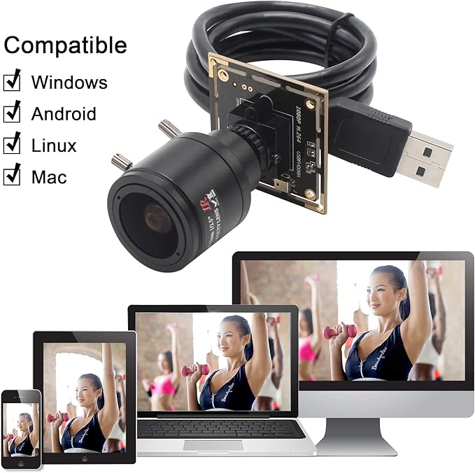 2.8-12mm Varifocal Lens 2MP Webcam 1080P H.264 USB Camera Module HD Webcamera 0.01Lux Low Illumination Mini Camera for PC Laptop Windows Linux Mac Android