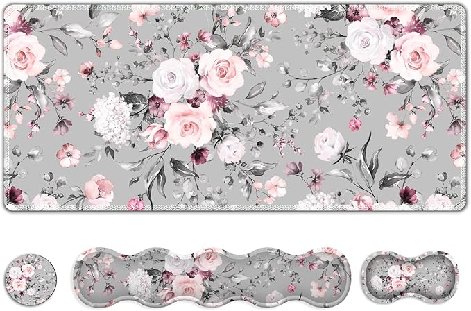 Upgraded Extended Gaming Mouse Pad Keyboard Wrist Rest Pad Wrist Support Mousepad Set Artso Large Stable Rubber Base Stitched Edges Multifunctional Desk Pad (35 x15.5 in) for Work Game Grey Rose