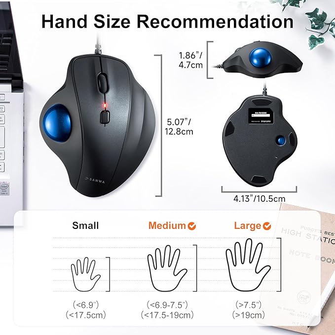 SANWA Wired Ergonomic Trackball Mouse Optical Vertical Rollerball Mice Silent Buttons 34mm Trackball 600/800/1200/1600 DPI Compatible with MacBook Laptop Computer Windows macOS Blue