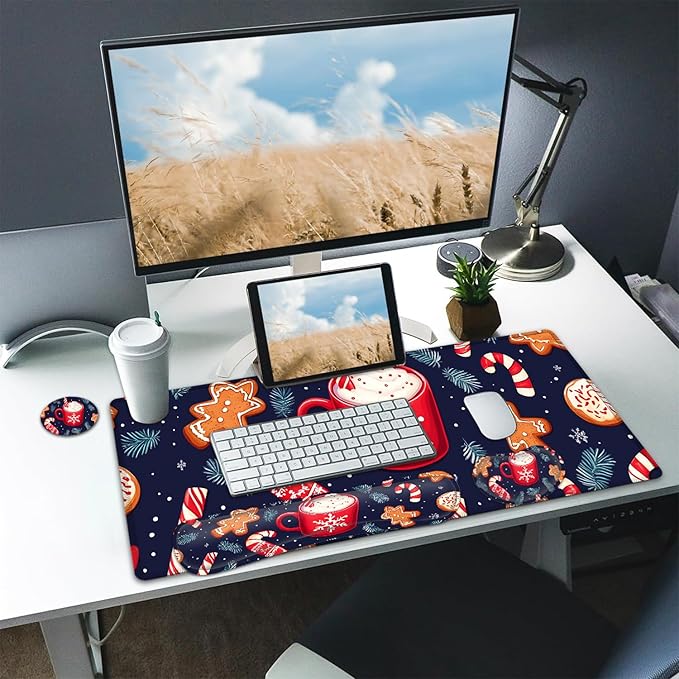 Large Mouse pad and Keyboard Support Set Ergonomic Memory Foam Keyboard Wrist Rest Extended Gaming Mouse Pad with Stitched Edges Christmas Theme XXL Desk Mat (31.5 X 11.8 in)