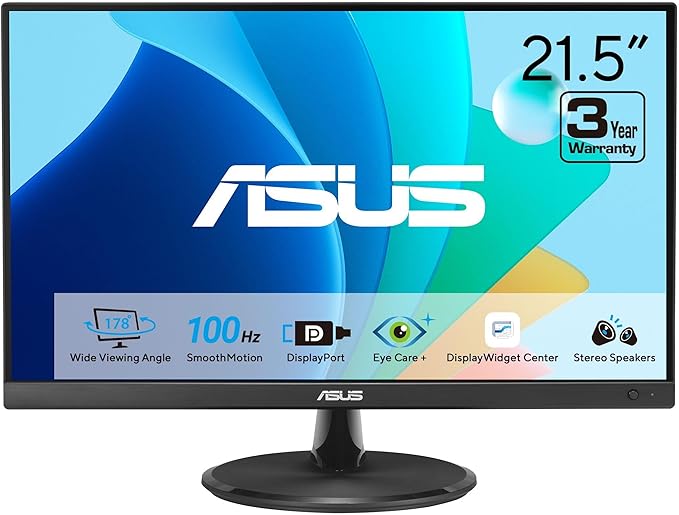 ASUS 22” Eye Care Monitor (VP229QF) – 100Hz IPS Full HD 99% sRGB Frameless Adaptive-Sync DisplayPort HDMI Low Blue Light Flicker Free Wall Mountable 3 yr Warranty