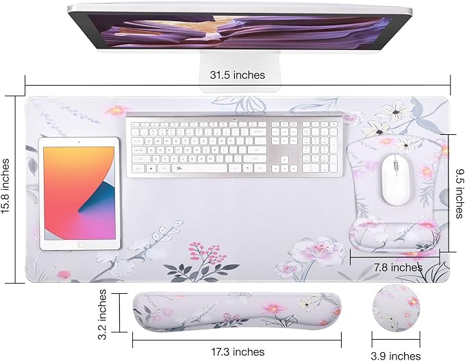 MEGREZ 4-in-1 Ergonomic Memory Foam Wrist Rest Set Desk Pad Mouse Pad with Wrist Rest Keyboard Pad Suitable for Office Workers Programmers &amp Gamers–Relieve Typing &amp Gaming Fatigue Pink F