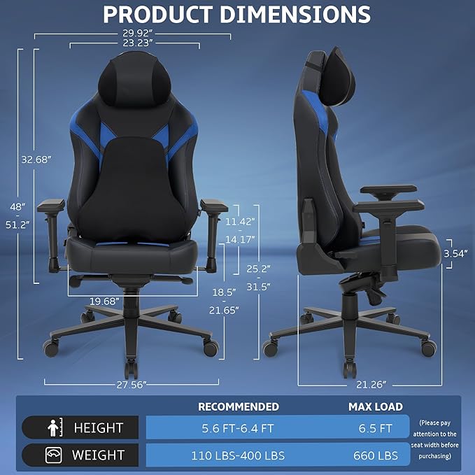 Ergonomic Gaming Chair Computer Desk Chairs 4D Armrests High Back Office Chair with Headrest &amp Lumbar Pillow Tilt Rocker Recliner Heavy-Duty Base Black PU Leather &amp Blue Suede Combo