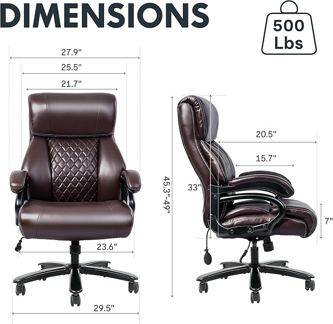 FLEXISPOT 500lbs Big and Tall Office Chair for Heavy People Heavy Duty Computer Chair with Stable Arms Adjustable Lumbar Support Metal Base Desk Chairs for Home Office Gaming Working Leather Brown