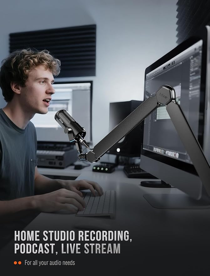 FIFINE XLR/USB Recording Microphone and Boom Arm Kit Podcast Microphone with Mute Volume Control Monitoring Mic Arm Stand Bundle with Cable Management for Vocal Voice-Over (Tank2+BM66)