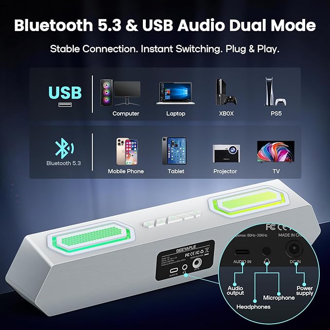 Deeyaple Computer Speakers 40W PC Speakers for Desktop Monitor with Bluetooth 5.3 &amp USB Audio HiFi Stereo Gaming Soundbar with Custom EQ Software Dynamic RGB Lighting for Laptop PS4 PS5 Whit
