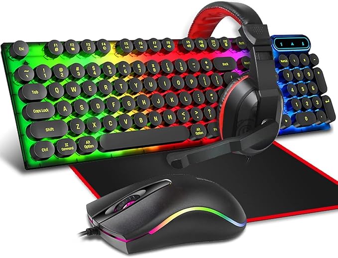 4 in 1 Keyboards Gaming Mouse &amp RGB Headphones Wired Mechanical Keyboard Mouse Headset Kit for Laptop Computer PC Games Balck