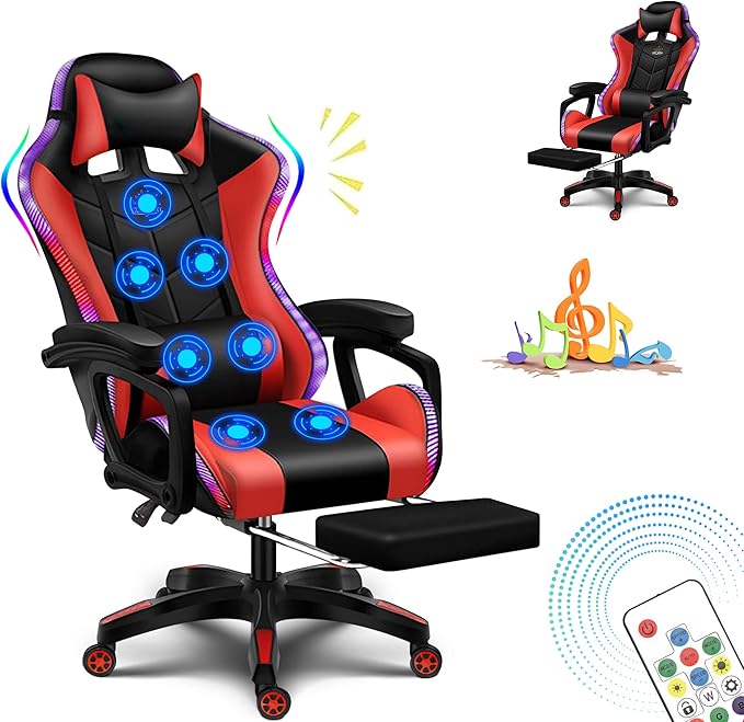 X Rocker Gaming Chair Gaming Chair with RGB Lighting and Speakers Ergonomic Gaming Chair with footrest and 7-Point Massage Function 150° tiltable Office Chair Gaming Chair for AdultsRed