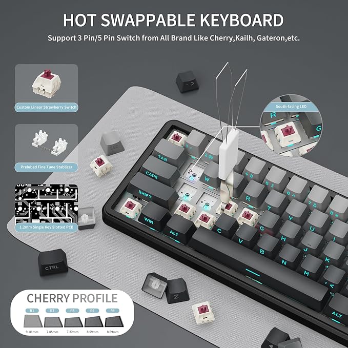 ATTACK SHARK X66 Wireless Mechanical Gaming Keyboard with KnobTri Mode USB-C/BT5.0/2.4G Gasket Mounted 60% RGB Gaming Keyboard Side Printed PBT KeycapHot Swappable Strawberry Switch(Moonlight)