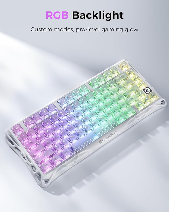 GravaStar Mercury K1 Lite 75% Gaming Keyboard 2.4GHz/BT/Wired Tri-Mode Wireless Keyboard Clear Keycaps Gasket Hot Swappable Mechanical Keyboard Pre-lubed Linear Switches RGB Backlit-Crystal Aurora