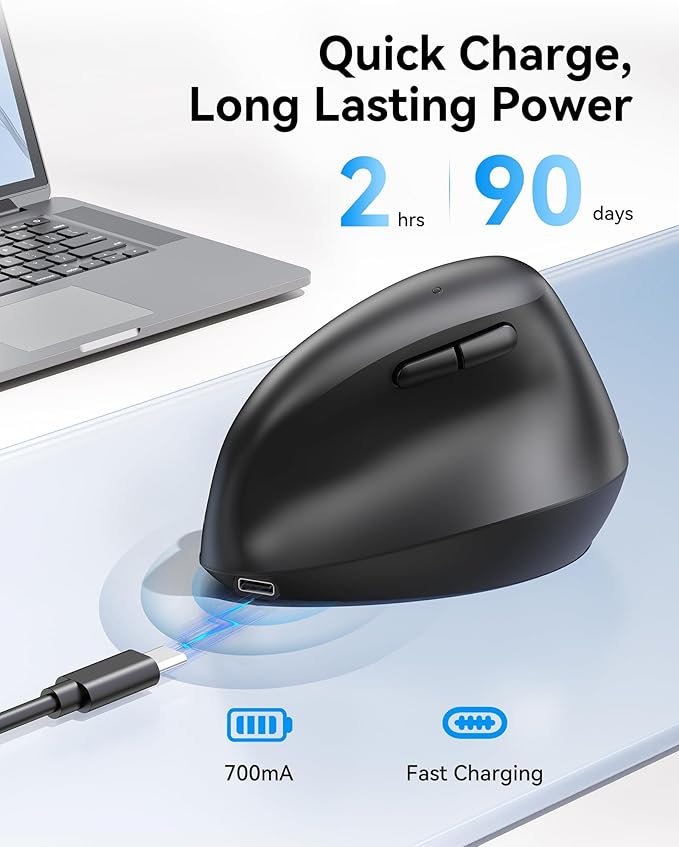 TECKNET Ergonomic Mouse Wireless Bluetooth Vertical Mouse (BT5.0/3.0 &amp 2.4G) Rechargeable 4800 DPI Optical Mouse with 6 Adjustable DPI Quiet Clicks USB A Receiver 6 Buttons - Wide Compatibilit