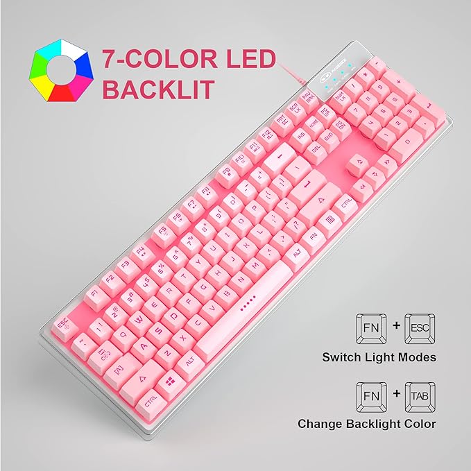 MageGee Gaming Keyboard 7 Solid Colors Backlit Wired Gaming Keyboard with Clear Housing and Double-Shot Keycaps K1 Waterproof Ergonomic 104 Keys Light Up Keyboard for PC Desktop Laptop Pink