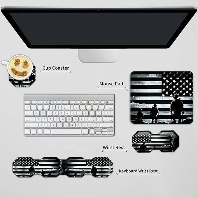 Mouse Pad Keyboard Wrist Rest Wrist Support Combo+Coaster [4-in-1] American Flag Theme Easy Typing Pain Relief Memory Foam Gel Elbow Cushion Mouse pad Set for Computer Laptop Office Home