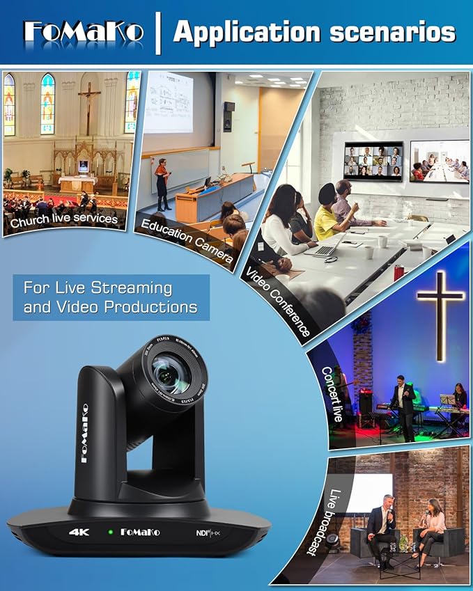 FoMaKo 4K PTZ Camera HDMI NDI AI Auto-Tracking Gen 3 20X Optical Zoom PTZ Camera 4K for Church Worship(Support NDI 6 &amp NDI HX3) K20UH NDI VersionBlack