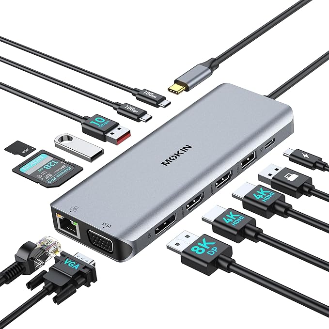 USB C Docking Station 4 Monitors 13 in 1 Dual HDMI+8K DP+VGA 10Gbps 100W PD 6 USB C/A Ports Ethernet SD/TF MOKiN Laptop Docking Station for MacBook/Dell/HP/Surface