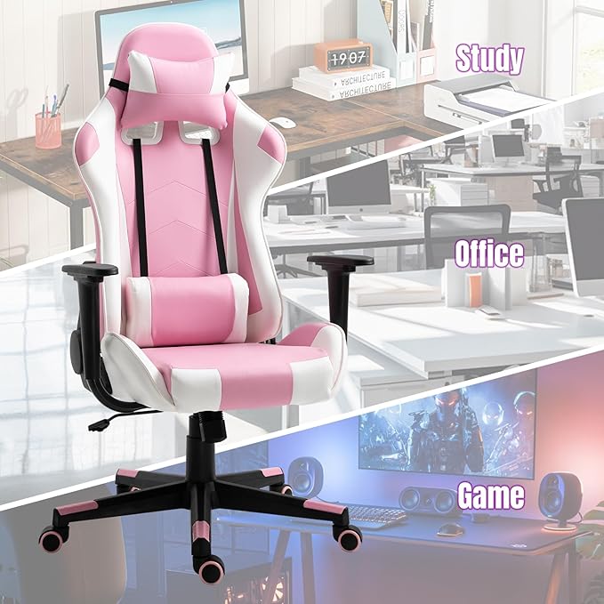 DIKEP Gaming Chair Recliner Gaming Chair with Footrest and Lumbar Support PU Leather Computer Desk Chair Height Adjustable with 360° Swivel Seat and Headrest for Adults - Pink &amp White