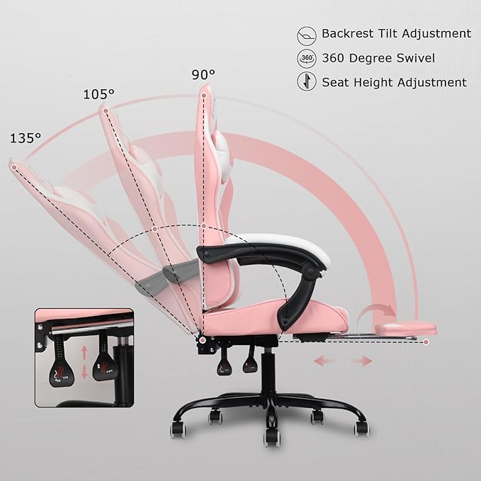 Gaming Chair with Linkage Armrest &amp Footrest High Back Video Gaming Chair Pink/White