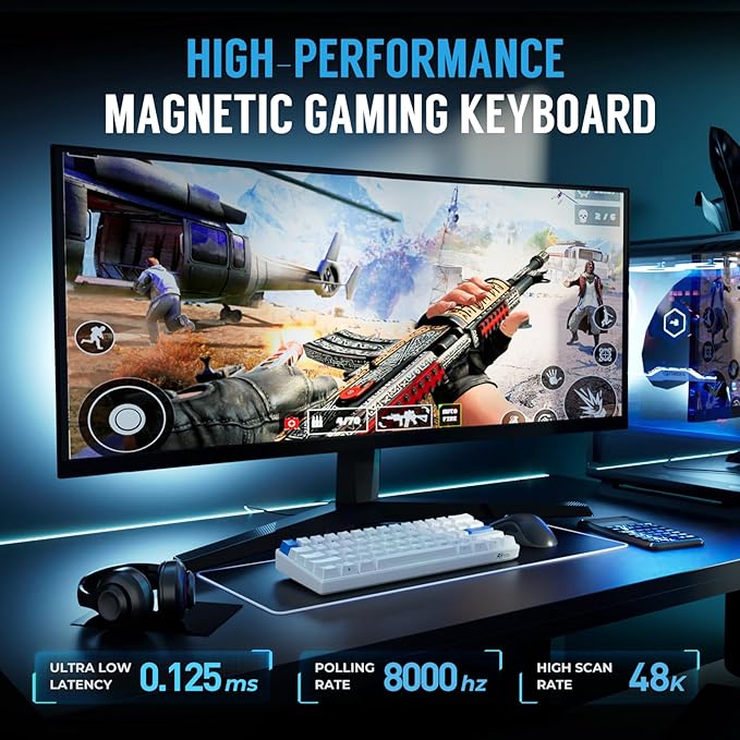 RK ROYAL KLUDGE C61 HE Gaming Keyboard 60% Wired Mechanical Keyboard with Hall Effect Magnetic Switch 8000Hz Polling Rate Rapid Trigger RGB Backlit 61 Keys White Blue