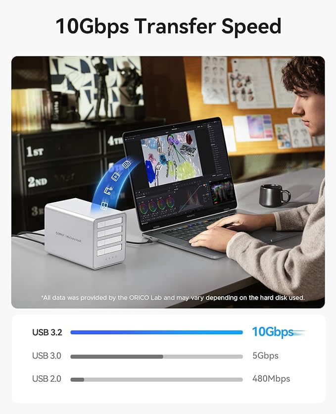 ORICO All-Flash 2.5-inch USB-C Docking Station with 5 Gbps Data Transfer Speed Compatible with 2.5'' SSD Featuring 10 Gbps Hub Expansion and Support for Up to 40 TB Storage Capacity (4 Bay)