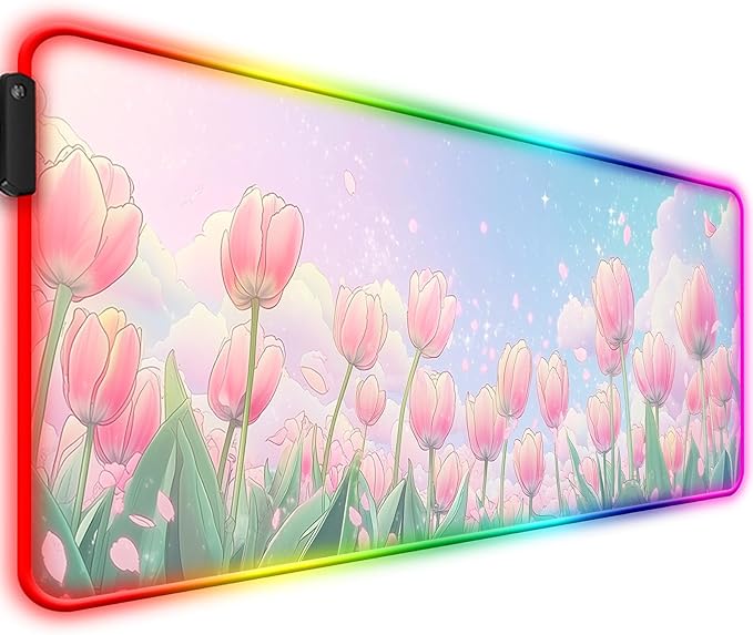 RGB Pink Flower Tulips Gaming Desk Mat Computer Keyboard Large Extended Long Floral LED Mouse Pad for Office and Home XL (W30)