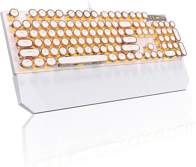 MageGee Typewriter Mechanical Gaming Keyboard Retro Gold Punk Round Keycaps LED Backlit Wired Keyboards for Laptop MAC PC Gamer with Magnetic Wrist Rest - Blue Switch
