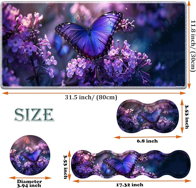 Large Gaming Mouse Pad + Keyboard Wrist Rest + Wrist Support + Coaster Set Memory Foam Ergonomic for Easy Typing XXL Extended Gaming Mouse Pad Table Pad - Purple Butterfly