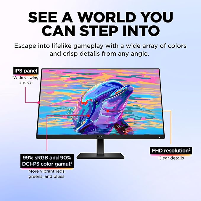 HP OMEN Series 23.8 FHD IPS Gaming Monitor 165Hz Refresh LED Display AMD FreeSync Premium HDR Anti-Glare Monitor Wall Mountable(100x100mm) 1 x DisplayPort 2 x HDMI Tilt|Height|Pivot Stand