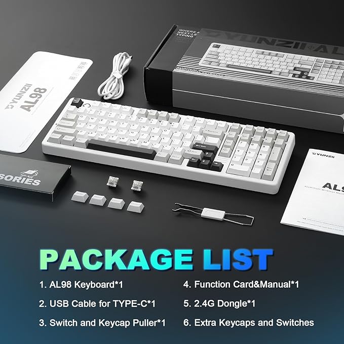 YUNZII AL98 QMK/VIA Wireless Mechanical Gaming KeyboardFull AluminumBT/2.4G/USB-C Pre-Lubed Hot Swappable Gasket Mount 1800 LayoutRGB Backlit for Win/Mac (White Cocoa Cream V2 Switch)