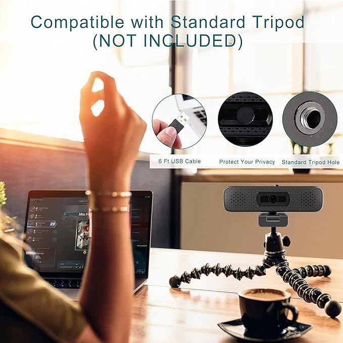 2K HD Webcam with Dual Speakers &amp Built-in Microphone 90° Wide Angle USB Computer Camera with Privacy Cover for Video Conferencing Online Teaching YouTube Skype &amp Zoom