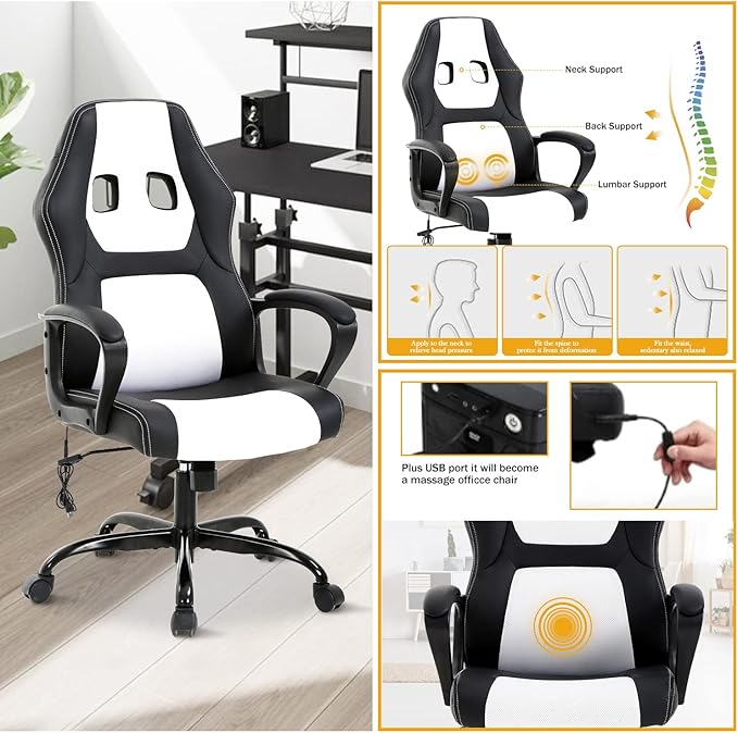 Gaming Chair Ergonomic Office Chair High Back Racing Desk Chair with Lumbar Support Armrest Adjustable Massage Reclining Computer Chair PU Leather Executive Task Rolling Swivel Chair for Adults