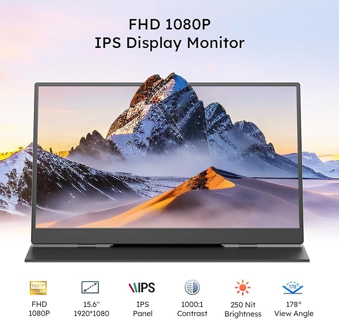 Portable Monitor with Carry Case 15.6 FHD 1080P IPS Travel Monitor for Laptop Foldable Stand Included USB-C Screen Extender for Laptop Mac PC Phone Xbox PS4/5 Switch