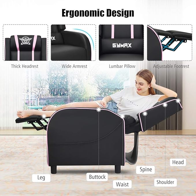 Gaming Recliner Movie Theater Chair w/Adjustable Backrest &amp Footrest Massage Lumbar Pillow Racing Single Sofa PU Leather Reclining Chair for Gaming Room Home Theater (Pink)