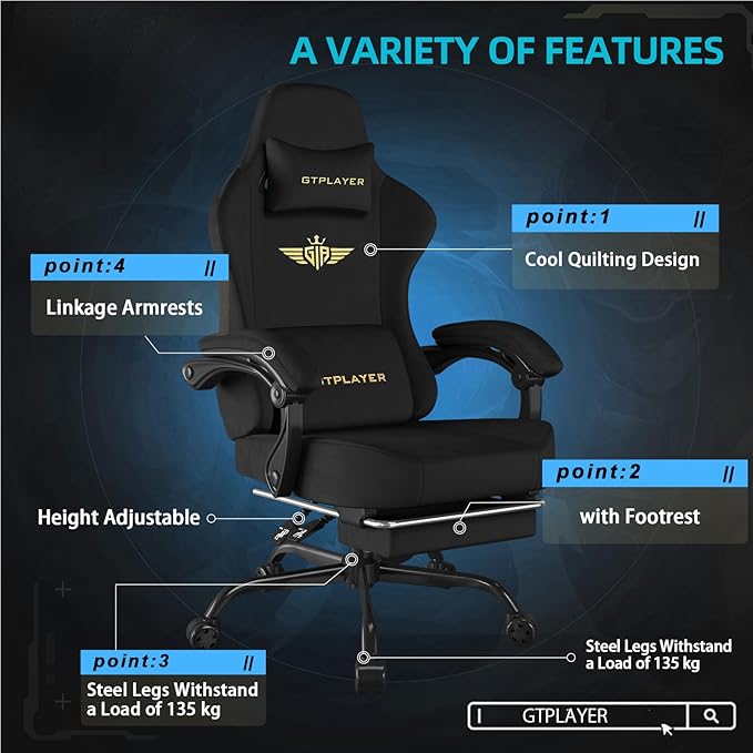 GTPLAYER Gaming Chair Fabric with Pocket Spring Cushion Big and Tall Gamings Chairs 350LBS High Back Computer Chair with Footrest for Adults Lumbar Support Swivel Game Chair for Office Light Black
