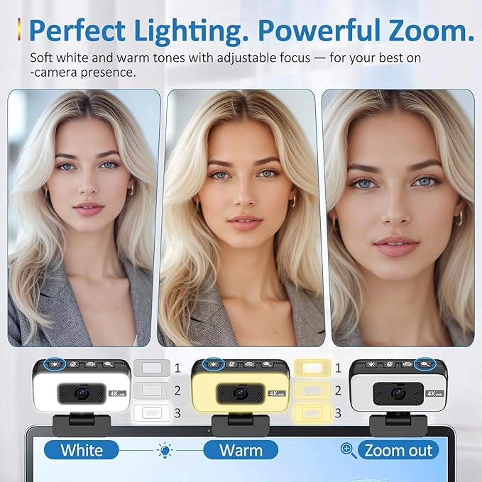 4K Webcam with Light for PC &amp Laptop &amp Mac Computer Camera with AI PDAF AutoFocus Four Physical Controls Buttons Adjustable Webcam Light Privacy Cover for Remote Work