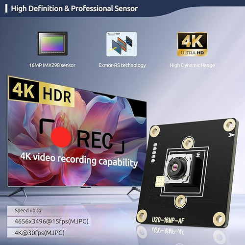 16MP (4656x3496) USB2.0 UVC Camera Phase Detection Auto-Focus 1/2.8 IMX298 HDR Sensor Plug &amp Play for PC Raspberry Pi Jetson Nano and SBCs Support Windows Linux Android Mac OS