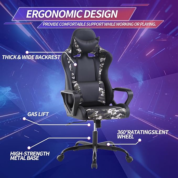 Gaming Chair High-Back Office Chair Ergonomic Video Game Chairs Height Adjustable Reclining Computer Chair with Lumbar Support Armrest Headrest Swivel Chair Game Chair for Adult Teen - Camo