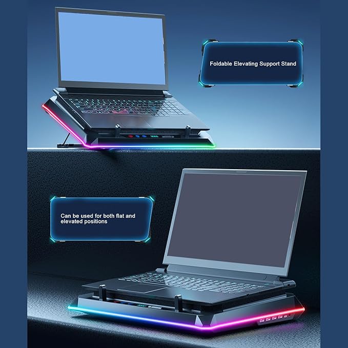 Gugxiom Gaming Laptop Cooling Pad 14 cm Turbo Fan with Magnetic Sealing Foam 5 Height Adjustable Stand + 4 Port USB Hub RGB 10 Mode Lighting Fits 1519 Notebooks