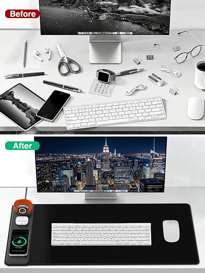 Mouse Pad with Magnetic Wireless Charging Large Desk Mat Non-Slip Mouse Mat Keyboard Pad for Gaming Desk Office PC (The Left Charging-Black)