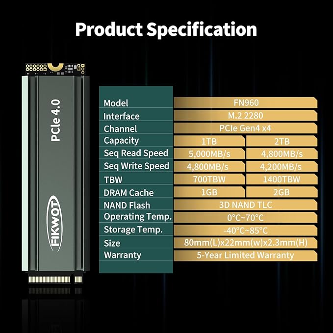 FN960 1TB M.2 NVMe SSD PCIe Gen4 x4 2280 Internal Solid State Drive with Heatsink Up to 5000MB/s Dynamic SLC Cache Compatible with PS5 Internal SSD