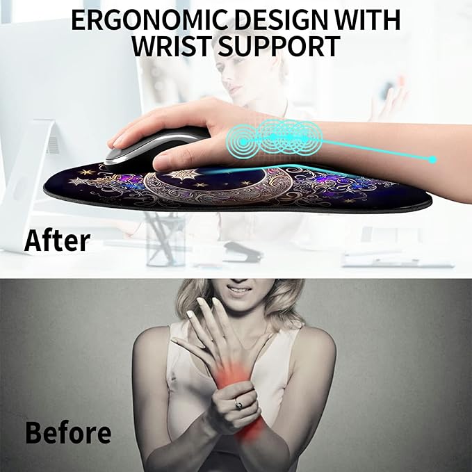 Mouse Pad with Wrist Support Gel Moon Star Galaxy Floral Pattern Design Ergonomic Gaming Mousepad with Wrist Rest for Laptop Computer Home Office Working Mouse Mat + A Cute Coffee Pad
