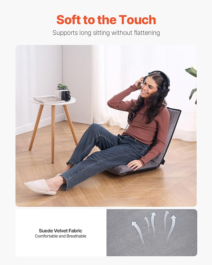VEVOR Floor Chair 6-Position Adjustable Meditation Chair with Back Support Folding Sofa Chair for Reading TV Watching and Gaming Portable Floor Seat Lounge Sofa Chair for Kids Teens Adults Gray